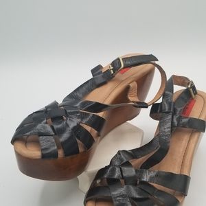 Miz Mooz Gizmo Black Leather Wedge Heel Sandals
